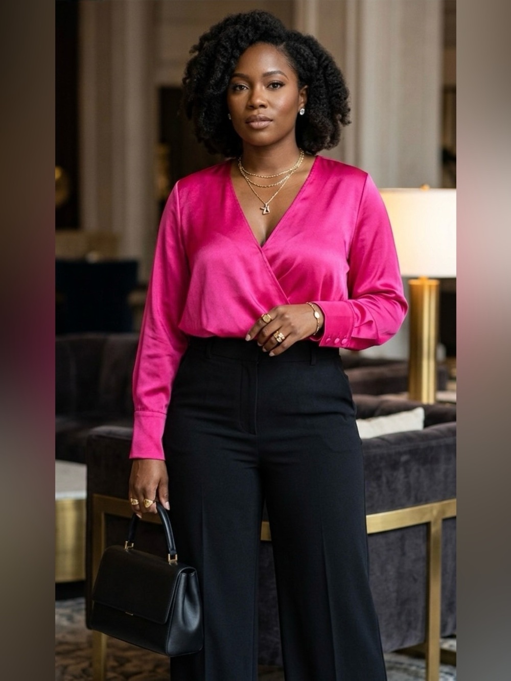 Good American Hot Pink Satin Faux Wrap Long Sleeve Blouse Top Size 2X